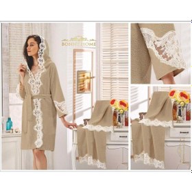 Resim Rose Kapuçino Bayan Fransız Dantelli Balayı Çeyizlik Bornoz Seti 