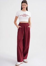 Resim Mixray 4682 Kadın Beli Lastikli Jogger Bol Keten Pantolon Bordo 