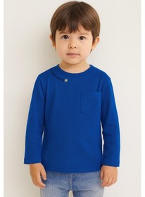 Resim Luess Unisex Çocuk Happiness Nakışlı Cepli Fitilli Kaşkorse Tişört Lacivert 