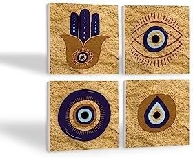 Resim Fatma Ana Eli (Hamsa), Nazar Taş Bardak Altlığı Seti - 4 Parça - Dekoratif, Rustik Mutfak Aksesuarı, 10x10 cm, Kaydırmaz Tabanlı, Şık ve Dayanıklı SC246 