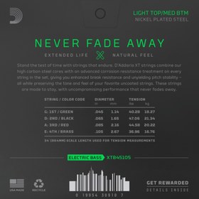 Resim D'Addario XTB45105 XT Nickel Plated Steel 4 Telli Bas Gitar Teli - Regular Light/Medium (45-105) 