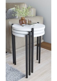 Resim 3'lü Yuvarlak Zigon Sehpa Seti Metal Ayaklı Salon Oturma Odası Yan Sehpa - Kahve Sehpası Beyaz 