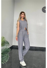Resim Tane Tasarım Kadın Gabardin Kumaş Alt Üst Takım Yelekli Takım Gri Gri 