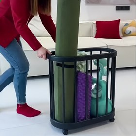 Resim Taşıma Tekerlekli Dayanıklı Yoga Matı Saklama Sepeti - Ev Spor Salonu, Yoga Stüdyosu ve Çamaşır İçin Oval Yer Dolabı, Yoga Matları, Dambıl ve Plakalar için Tasarruf Sağlayan Hareketli Organizatör - Kolay Yuvarlanan Tekerler, Sağlam Yapılı, Modern Depolama Çözümü, Dayanıklı Plastik Kutu, Çamaşır Sepetleri 