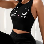 Resim Kadınların Sporcu Kedi Yüzü Baskılı Kırpma Üst, Atletik Yoga Egzersiz Tankı, Kolsuz Sırt Yarışı, Rahat Kesim 