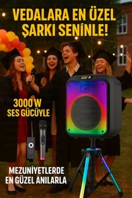 Resim Zineets Işıklı Büyük Boy Party Box Bluetooth Hoparlör Tripodlu Şarjlı Ses Sistemi RADYOLU Karaoke Mic 