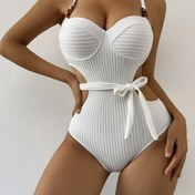 Resim Avrupa ve Amerika Seksi Beyaz Düz Renk Dalga Desenli Askı Sıcak Stil Kemer Toplu Moda Tek Parça Mayo 