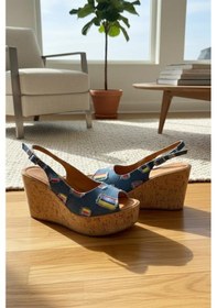 Resim Kadın Mantara Mavi Kot 10 Cm Dolgu Topuklu Mantar Taban Önü Arkası Acık Ayakkabı Mavi 