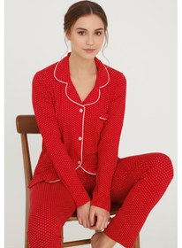 Resim Luxury Viscose Kırmızı Puantiye Desenli Kadın Uzun Kollu Pijama Takımı 42563 Kırmızı 