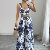 Resim Kadınların Şık Çiçek Desenli Jumpsuit - Siyah ve Beyaz, Kolsuz, Geniş Bacaklı Tasarım, Bahar/Yaz, Günlükten Resmiye, Günlük Kıyafet | Çiçek Desenli Jumpsuit | Geniş Bacaklı Pantolon, Çiçek Desenli Jumpsuit 