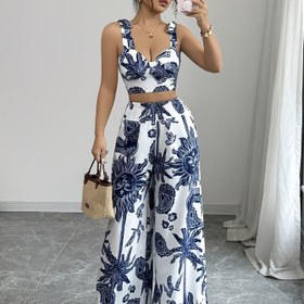 Resim Kadınların Şık Çiçek Desenli Jumpsuit - Siyah ve Beyaz, Kolsuz, Geniş Bacaklı Tasarım, Bahar/Yaz, Günlükten Resmiye, Günlük Kıyafet | Çiçek Desenli Jumpsuit | Geniş Bacaklı Pantolon, Çiçek Desenli Jumpsuit 