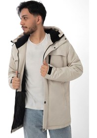 Resim Spor Erkek Polarlı Kürklü Su Ve Rüzgar Geçirmez Kapüşonlu Kışlık Mont & Kaban & Parka-211 Taş 