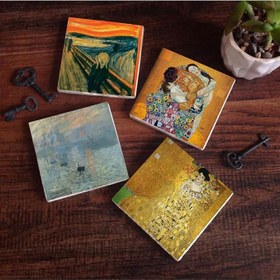 Resim Gustav Klimt Aile Kucaklama, Bauer'in Portresi, Monet Gün Doğumu, Çığlık Taş Bardak Altlığı Seti - 4 Parça - Dekoratif, Rustik Mutfak Aksesuarı, 10x10 cm, Kaydırmaz Tabanlı SC538 