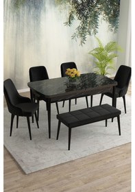 Resim Meri Serisi 80x132 Açılabilir Mdf Siyah Mermer Desen Masa Takımı 4 Siyah Sandalye 1 Bench Siyah 