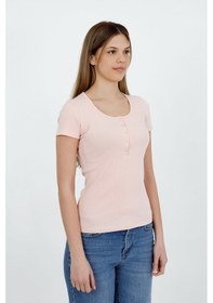 Resim Hdm Kadın Esnek Fitilli Yakası Çıtçıtlı Pembe Kısa Kol Basic Örme Bluz - H5993 