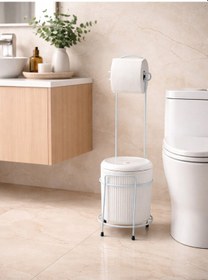 Resim Metal Standlı Tuvalet Kağıtlığı Ve Kapaklı Çöp Kovası Seti Modern Banyo Düzenleyici Beyaz 