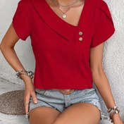 Resim Şık Asimetrik Boyun Kısa Kollu Kadınlar İçin Düz Renkli Polyester Yelek Bluz, Yetişkinler İçin, Bahar/Sonbahar 
