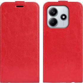 Resim Redmi Note 14 4g 164.84mm R64 Doku Tek Dikey Flip Deri Telefon Kılıfı Kırmızı 