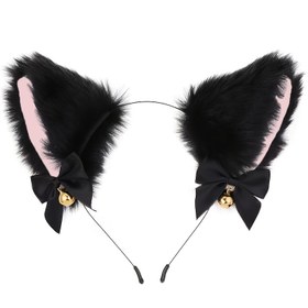 Resim 2 Renk Mevcut, Pembe Rengi ve Altın Çan ile Yumuşak Peluş Siyah Kedi Kulak Bantı - Yumuşak Sahte Kürk Kostüm Saç Aksesuarı, Tekli Ambalaj 
