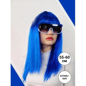 Resim Mavi Renk Uzun Parti Peruğu 
