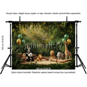 Resim Minimalisfy Safari Temalı Çocuk Doğum Günü Fonu - Orman Hayvanlı 200x150cm Baskılı Kumaş Fon 
