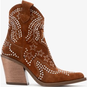 Resim Dericlub Kadın Taşlı Kalın Taban Western Bot Gerçek Süet Deri Zy 1610 Taba 