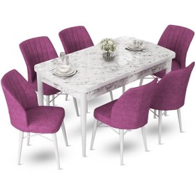 Resim Canisa Concept Fer Serisi 70x114 Açılabilir Beyaz Mermer Desen Masa Takımı Ve 6 Mor Sandalye 