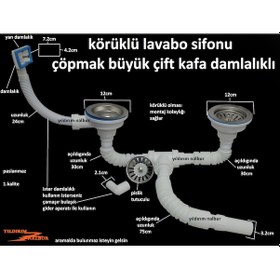 Resim Çöpmak Körüklü Sifon Damlalıklı Çiftli Büyük Kafa Evye Sifonu Lav 