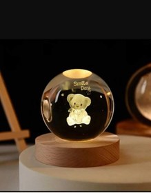 Resim 3d Kristal Cam Küre Ahşap Kaideli Gece Lambası - Ayıcık 