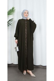 Resim HNT Hayrunnisa Tesettür Yarasa Kol Leopar Taşlı Elbise Haki HNT8526 