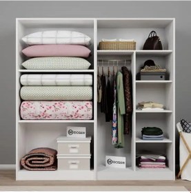 Resim Lucas 4 Kapaklı 8 Raflı Yüklük Ve Elbise Dolabı Seti - Mat Beyaz Beyaz 