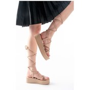 Resim 861-1010 Nut Rose Taşlı Bilekten Bağlamalı Kadın Sandalet Altın - Taba 