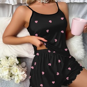 Resim Kalp Baskılı Fırfır Detaylı Pijama Takımı, Rahat Yuvarlak Yaka Sırtı Açık Kolsuz Üst & Elastik Şort, Kadınlar Için Uyku Giyimi 