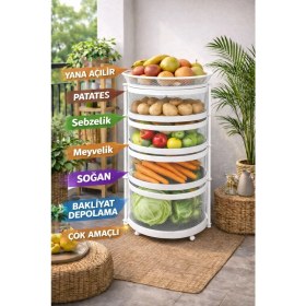Resim Doremcy 4 Katlı Dönerli Sebzelik Meyvelik Patateslik Soğanlık Metal Depolama Rafı 78×34 cm Çok Amaçlı Mutfak Organizer Siyah-Beyaz-Krem 