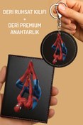 Resim Cekuonline Çift Kancalı Suni Deri Anahtarlık + Kart Kimlik Bölmeli Siyah Ruhsat Kabı Kılıfı Spider-Desen 