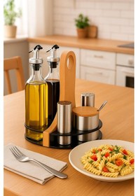 Resim Metal Ahşap Standlı Tezgah Üstü Baharatlık Ve Yağdanlık Seti - 2'lü Cam Yağlık Ve 3'lü Paslanmaz Baharatlık Siyah 