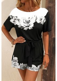 Resim Kadın Tek Omuzu Açık Çiçek Desenli Beli Kuşaklı Iki Iplik Mini Short Tulum Siyah 