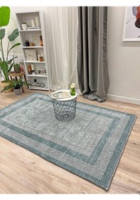 Resim Moretti Nordi Çerçeve Desenli Yıkanabilir Salon Mutfak Yolluk Mavi Dokuma Modern Halı 