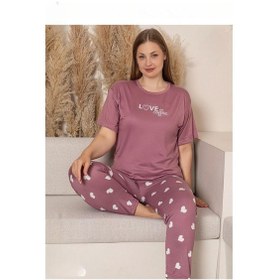 Resim Sude Charme Kadın Büyük Beden Bisiklet Yaka Milan Likralı Kısa Kol Pijama Takımı K601/242 - 1 Adet Gülkurusu 