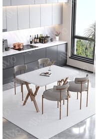 Resim Avvio Calina Teddy Sandalye 80x120 Yemek Masası Mutfak Masası 4 Kişilik Masa Sandalye Takımı Bukle Kumaş Beyaz 