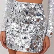 Resim Kadınlar için Sequin Parti Etek - Yüksek Bel Kısa Etek, Parıldayan Sequinler, Elastik Bel, Uzun Kollu, Gece ve Şenliklerde Mükemmel, Parti Etek 