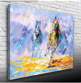 Resim Dörtnala İki At Sarı Ve Mavi Tonlarda Yağlıboya Kanvas Tablo 50 X 70 