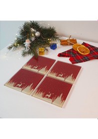 Resim Decorita Cam Bardak Altlığı Yeni Yıl Kırmızı Slüet 4'lü Takım Kırmızı 