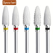 Resim 5PCS Seramik Tırnak Matkap Uçları Seti, Akrilik Tırnak Dosya Uçları, 7.62/81.28cm Shank Profesyonel Mısır Şekilli Seramik Uçlar Şekillendirme, Parlatma, Akrilik Jel Tırnakları Çıkarma İçin 