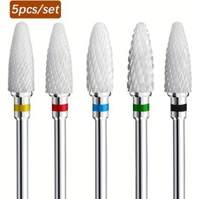 Resim 5PCS Seramik Tırnak Matkap Uçları Seti, Akrilik Tırnak Dosya Uçları, 7.62/81.28cm Shank Profesyonel Mısır Şekilli Seramik Uçlar Şekillendirme, Parlatma, Akrilik Jel Tırnakları Çıkarma İçin 