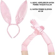 Resim Saten Kaplama Soft Pembe Eldiven ve Tavşan Kulak 2'li Set 