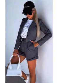 Resim Hgfashion Atlas Çizgi Desenli Kumaş Şort Ve Ceket İkili Takım Siyah Renk Siyah 