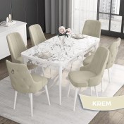 Resim Canisa Concept Noa Serisi,80 x 132 cm Açılabilir Mdf Masa,beyaz Mermer Desen Mutfak Masa Takımı, 6 Sandalye Gümüş Halkalı 