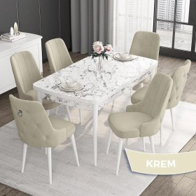 Resim Canisa Concept Noa Serisi,80 x 132 cm Açılabilir Mdf Masa,beyaz Mermer Desen Mutfak Masa Takımı, 6 Sandalye Gümüş Halkalı 