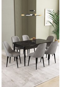 Resim Ikon Siyah Mermer Desen 80x132 Mdf Açılabilir Mutfak Masası Takımı 6 Adet Sandalye Gri 
